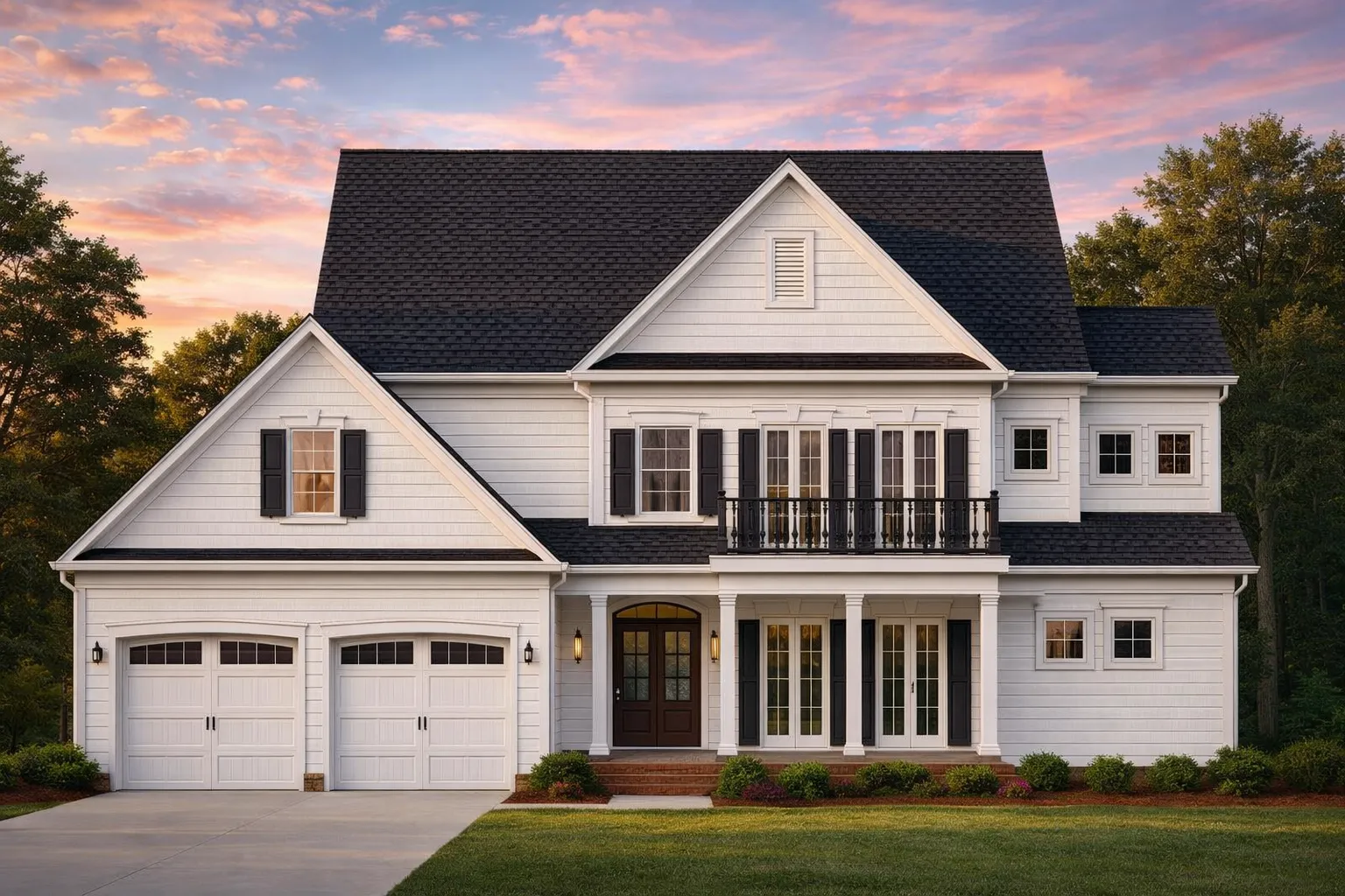 Front elevation of a Traditional Colonial style home with white siding, black shutters, covered porch, and symmetrical facade