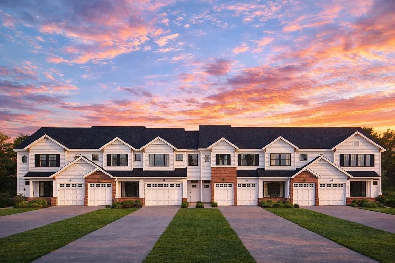 Front elevation of a traditional townhome with brick and horizontal siding, symmetrical Neo-Colonial styling, and attached garages