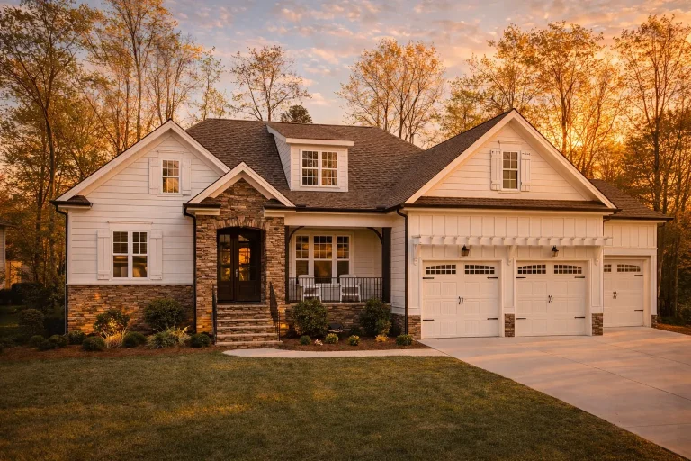 Front elevation of a modern farmhouse home with white board and batten siding, stone accents, gabled rooflines, and double garage at sunset