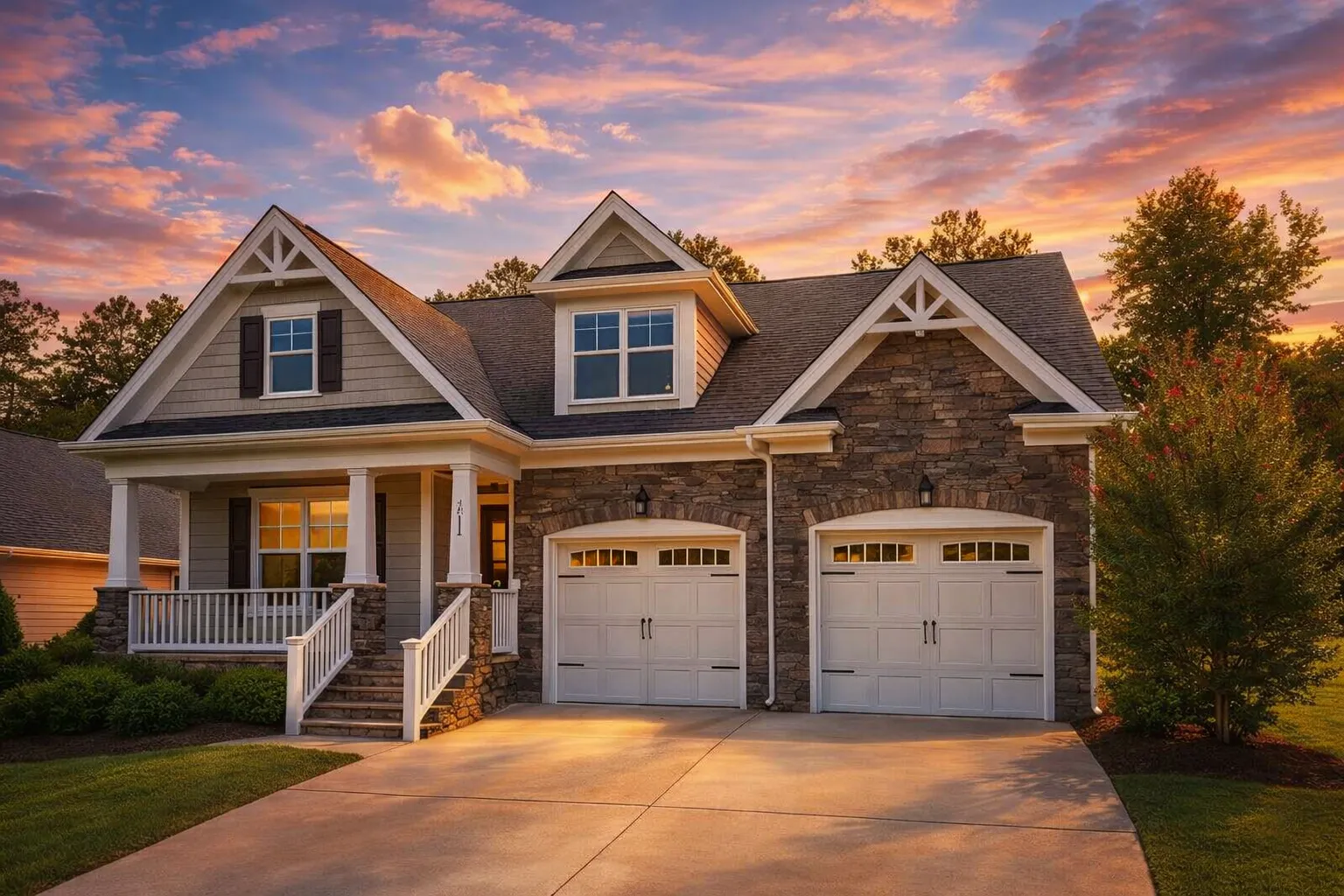 Front view of a Craftsman Traditional style home featuring stone and siding exterior, double gables, and covered porch with white columns