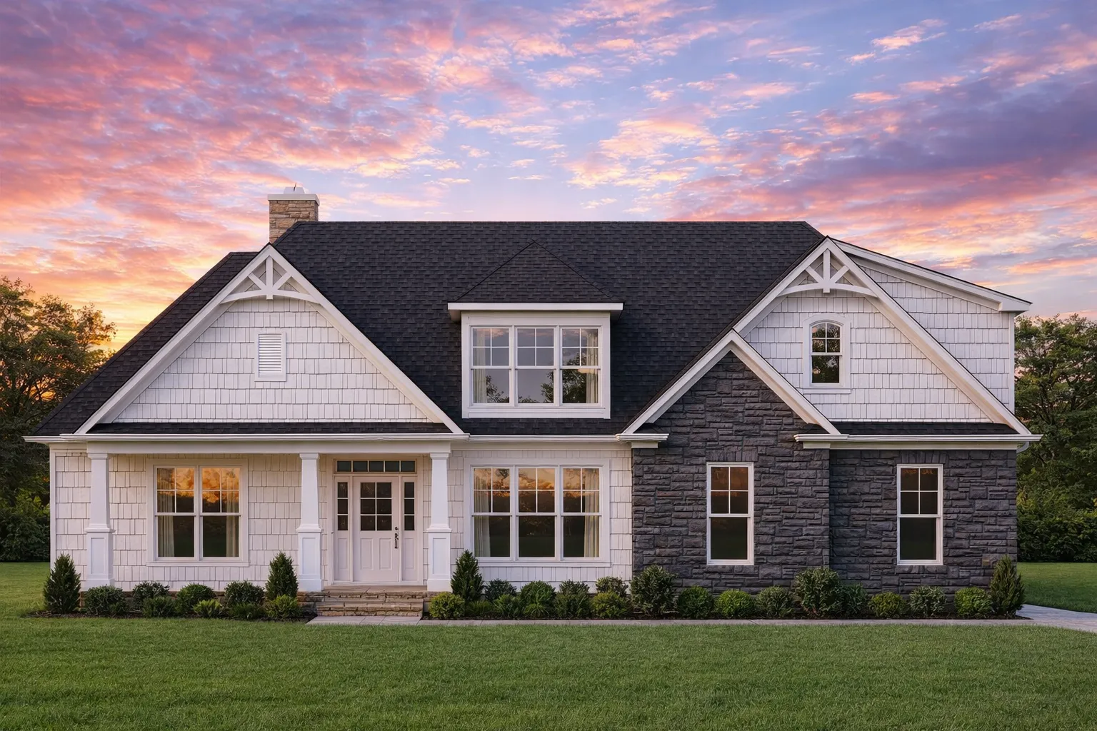 Front elevation of a Traditional Ranch style home with stone veneer, horizontal lap siding, symmetrical windows, and landscaped front yard