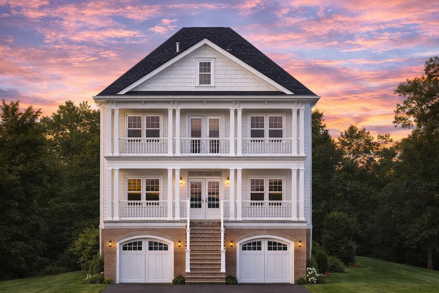 Front elevation of Charleston-style Southern home featuring stone foundation, horizontal siding, and double stacked porches with symmetrical design