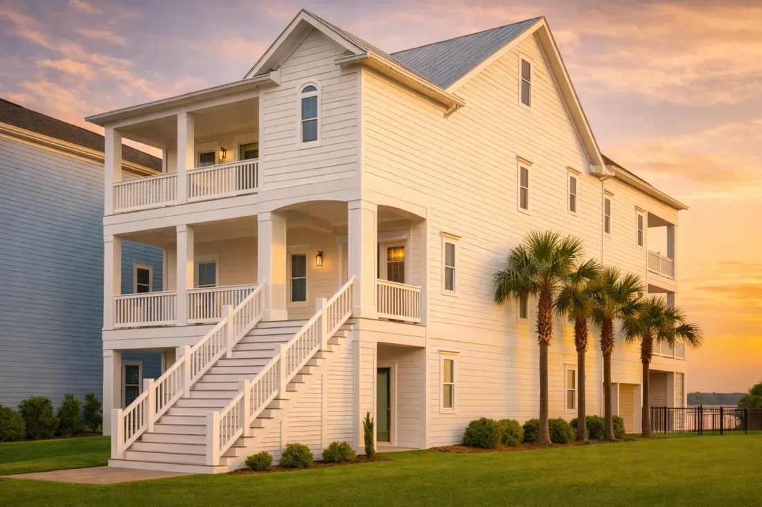 Front exterior view of an elevated Coastal Beach House with horizontal siding, covered porches, and Low Country architectural styling