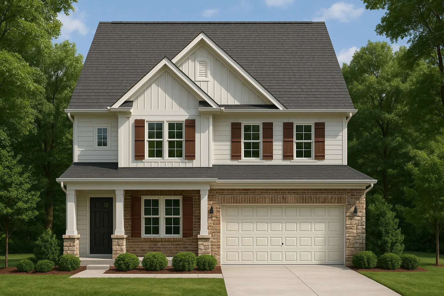 Front view of Modern Farmhouse style home with white board and batten siding, brick accents, and gable roofline
