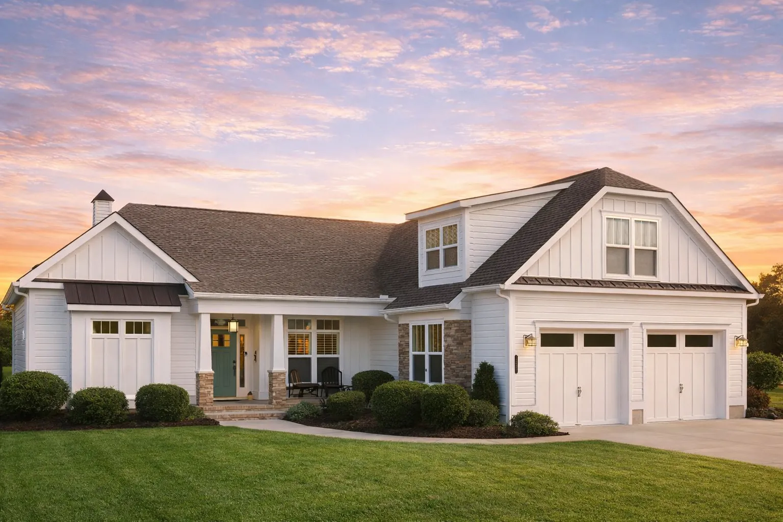 Front view of Craftsman Traditional style home featuring green horizontal lap siding, white trim, brick pier bases, and a welcoming covered porch with gabled dormer.