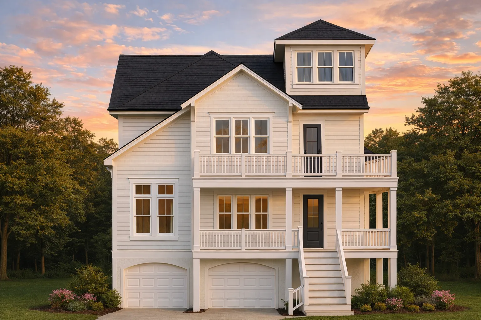Front elevation of an elevated Coastal Low Country house with horizontal lap siding, double stacked porches, a drive-under garage, and a tower-style corner massing