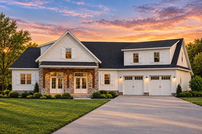 Front view of a Modern Farmhouse and Craftsman style house featuring board and batten siding, stone accents, black trim, and a welcoming covered porch