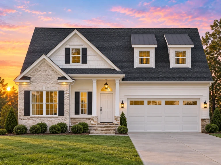 Front elevation of a Traditional Suburban style home featuring brick, horizontal siding, shake siding, and dual dormers over a two-car garage