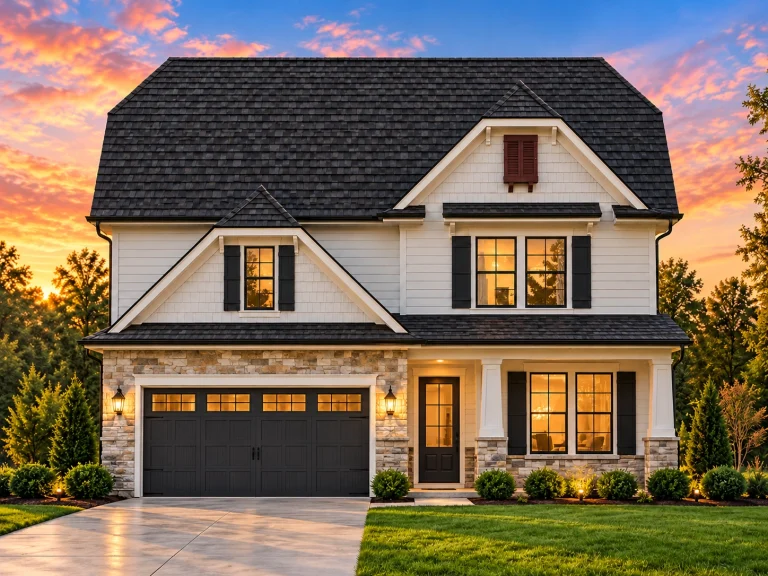 Front elevation of a New American farmhouse style home with horizontal siding, board and batten accents, stone base, and two-car garage