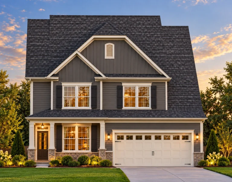 Front view of Modern Farmhouse style home with white board and batten siding, brick accents, and gable roofline