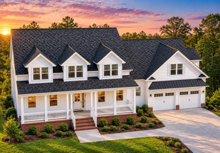 Front elevation of a Traditional Colonial Southern style house featuring horizontal siding, brick foundation accents, dormer windows, and a welcoming full-width porch