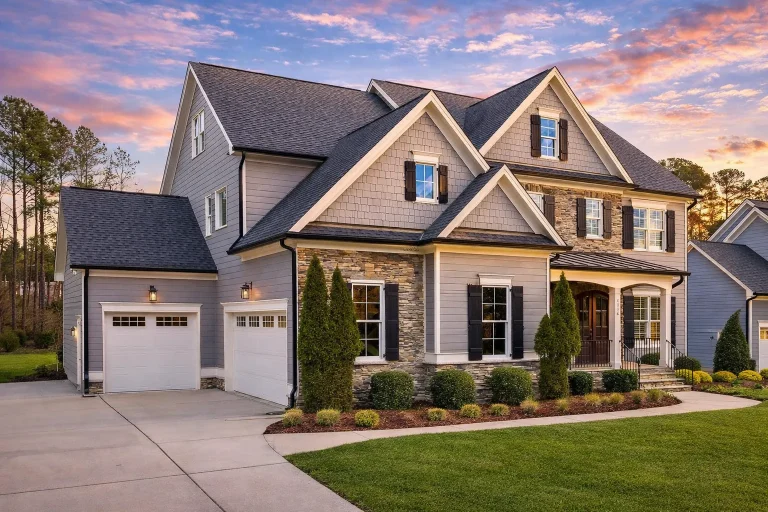 Front exterior view of a Traditional Colonial style home with red brick façade, white trim, multi-pane windows, and balanced symmetrical design
