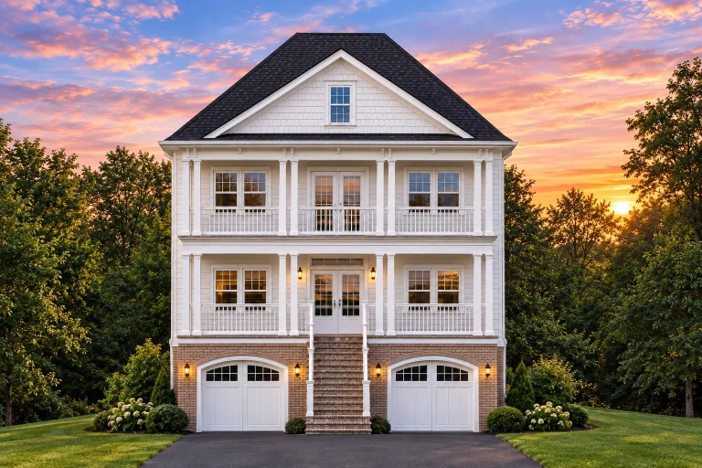 Charleston House Plans 25 Front elevation of Charleston-style Southern home featuring stone foundation, horizontal siding, and double stacked porches with symmetrical design