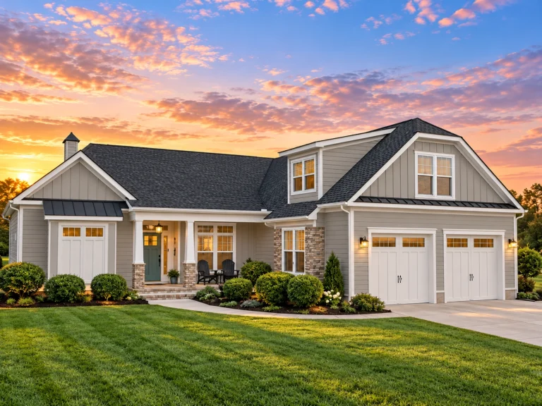 Beach House Plans 3 Front view of Craftsman Traditional style home featuring green horizontal lap siding, white trim, brick pier bases, and a welcoming covered porch with gabled dormer.