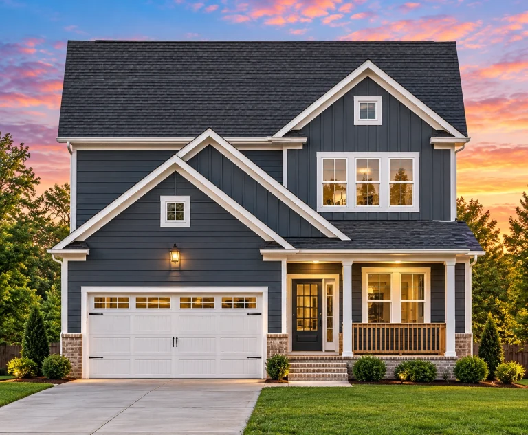 Front view of a Traditional Craftsman style home featuring gray lap and shingle siding, brick base columns, and a welcoming front porch with white trim details.