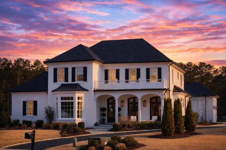 Front elevation of a Georgian style two-story brick home with symmetrical façade, arched entry, shutters, and balcony