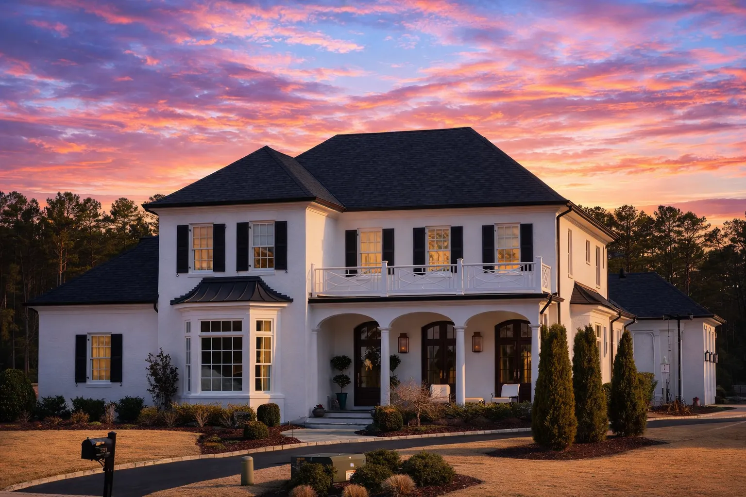 House Plans with Basement 8 Front elevation of a Georgian style two-story brick home with symmetrical façade, arched entry, shutters, and balcony