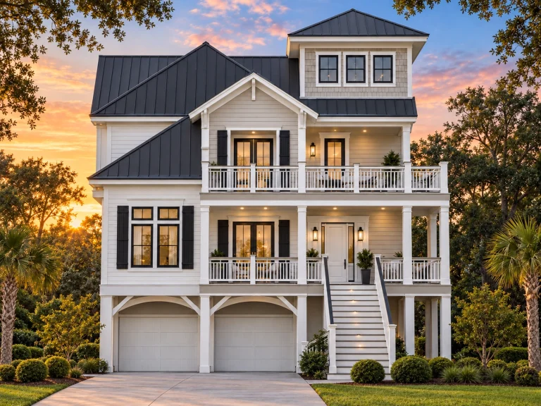 Front elevation of an elevated Coastal Low Country house with horizontal lap siding, double stacked porches, a drive-under garage, and a tower-style corner massing