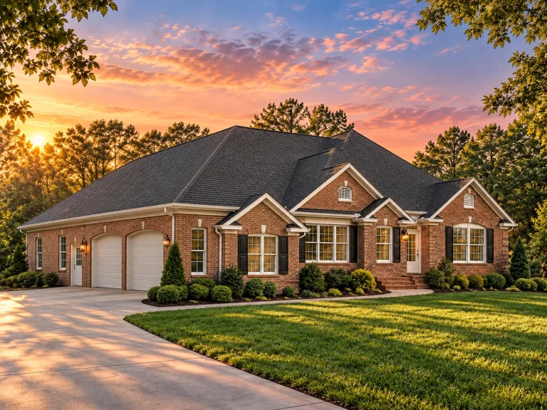 Mountain Contemporary House Plans 2 Front elevation of a Traditional Ranch style home with full brick exterior, symmetrical gabled roofline, classic shutters, and a covered entry
