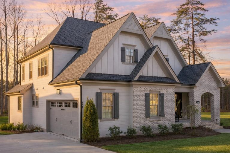 Front elevation of Modern Farmhouse style home with white board and batten siding, black shutters, steep gable roof, and covered entry porch