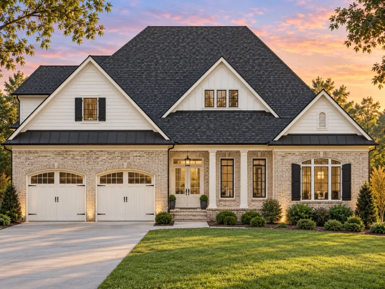 Tudor House Plans 24 Front elevation of a New American modern traditional house featuring stone accents, horizontal siding, and a welcoming covered entry