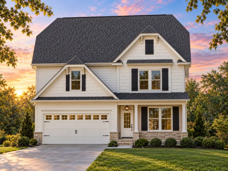 Front elevation of a New American farmhouse style home with horizontal siding, board and batten accents, stone base, and two-car garage