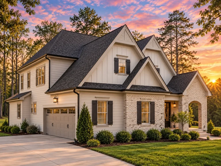 Front elevation of Modern Farmhouse style home with white board and batten siding, black shutters, steep gable roof, and covered entry porch