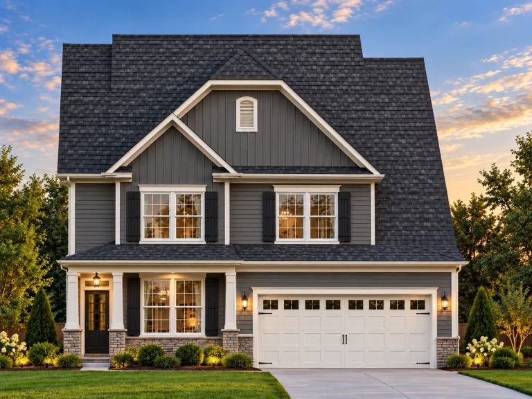Front view of Modern Farmhouse style home with white board and batten siding, brick accents, and gable roofline