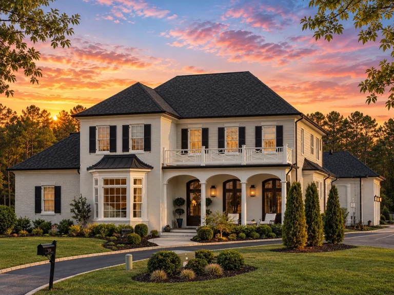 Front elevation of a Georgian style two-story brick home with symmetrical façade, arched entry, shutters, and balcony