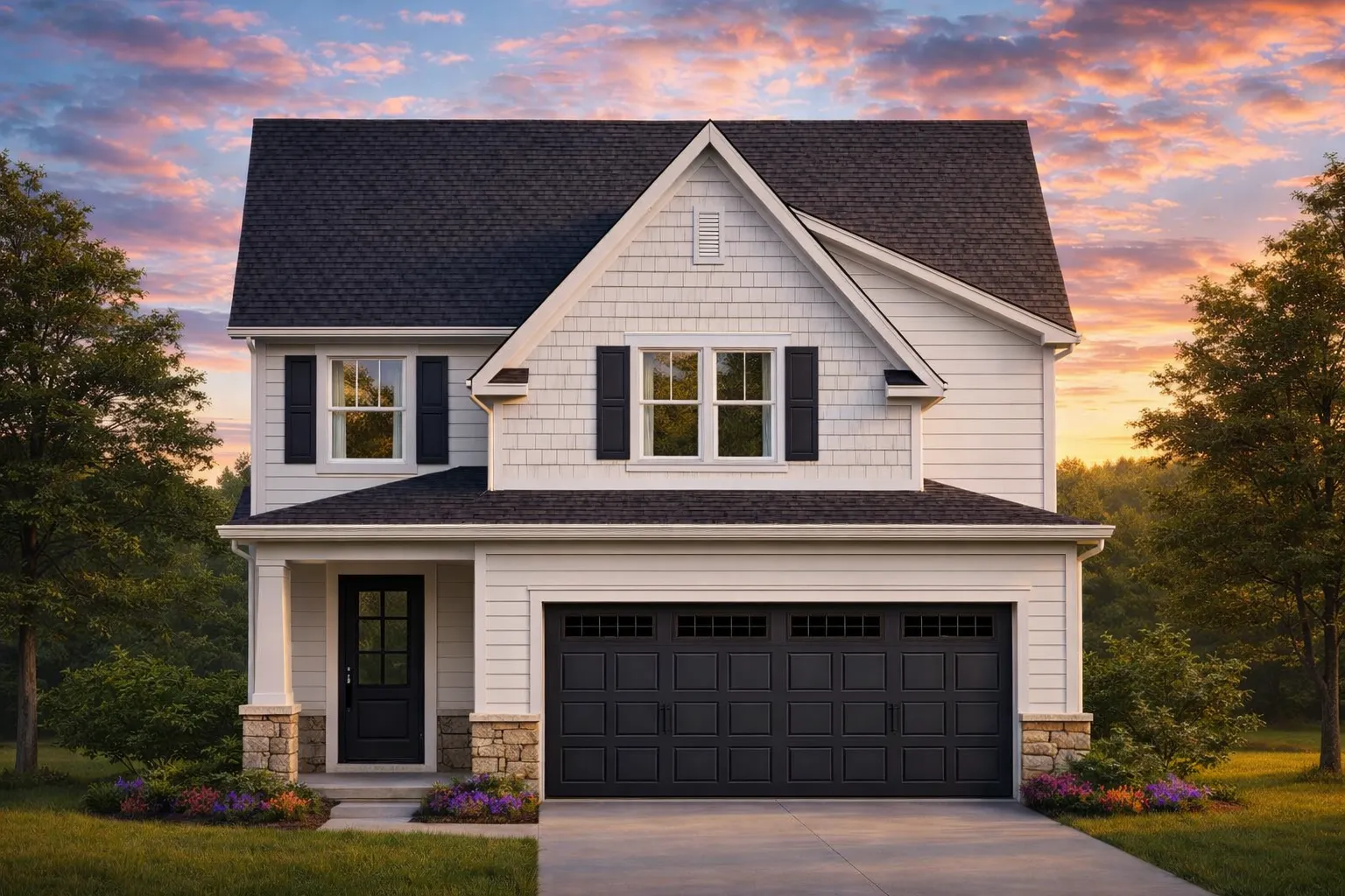 Front elevation of a Modern Farmhouse style home with white horizontal siding, black garage door, and stone-accented porch columns