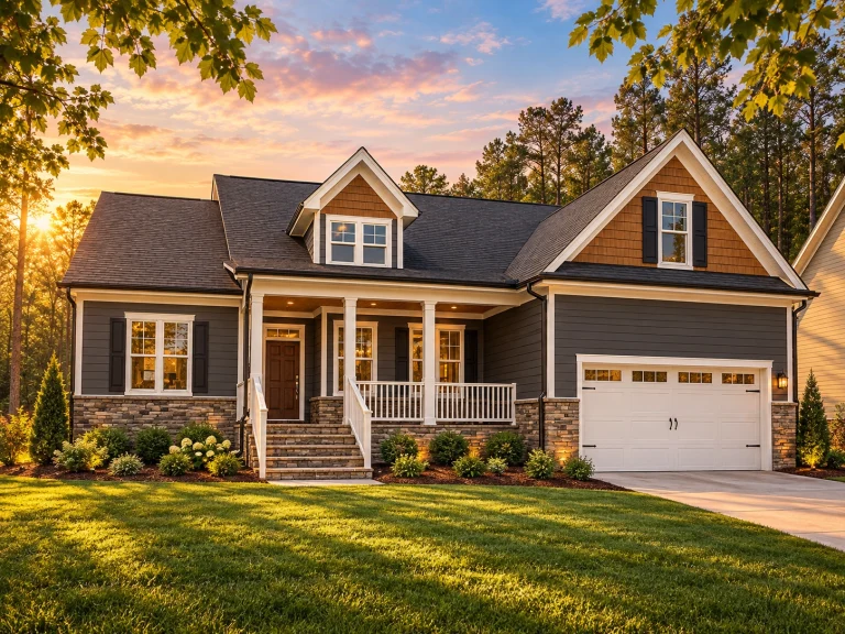 Front view of a Traditional Farmhouse with Craftsman-style detailing, featuring horizontal siding, stone accents, and a covered front porch with gable dormers