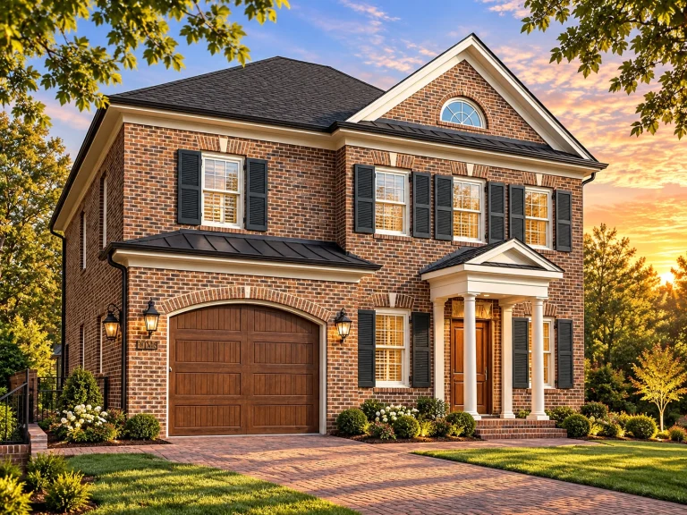 Front elevation of a Colonial Revival style home featuring red brick exterior, symmetrical windows, shutters, and traditional portico entry