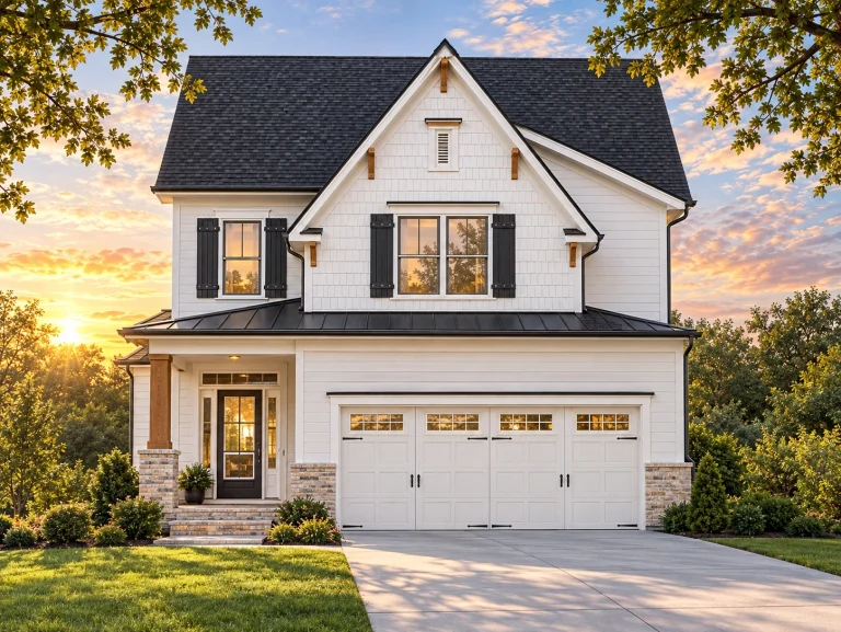 Top Designer-Approved House Plans 3 Front elevation of a Modern Farmhouse style home with white horizontal siding, black garage door, and stone-accented porch columns