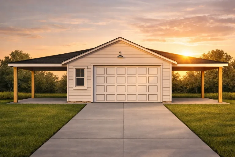 French Country Farmhouse Plans 19 Front view of Traditional Ranch style 2-car garage with horizontal lap siding, gable roof, and extended side overhangs at sunset