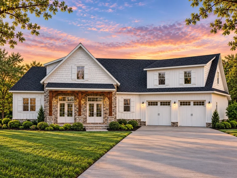 House Plans with Fireplace 9 Front view of a Modern Farmhouse and Craftsman style house featuring board and batten siding, stone accents, black trim, and a welcoming covered porch