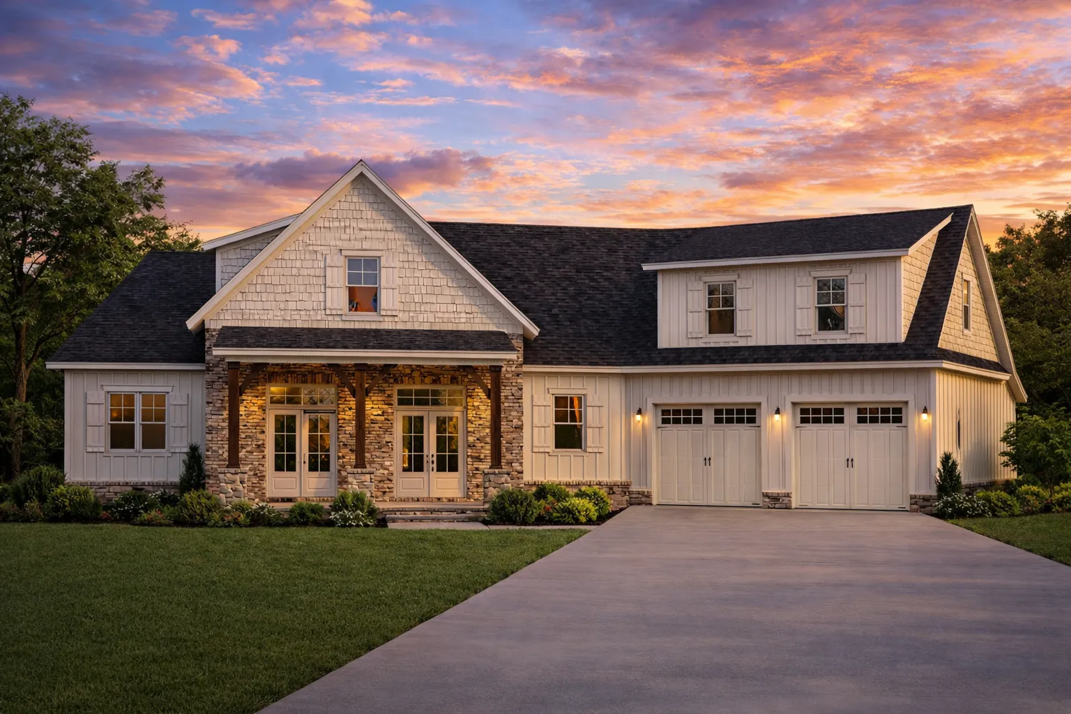Front view of a Modern Farmhouse and Craftsman style house featuring board and batten siding, stone accents, black trim, and a welcoming covered porch