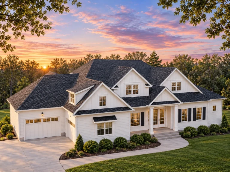 Front elevation of a New American farmhouse style home featuring board and batten siding, stone exterior accents, black shutters, and a welcoming covered porch