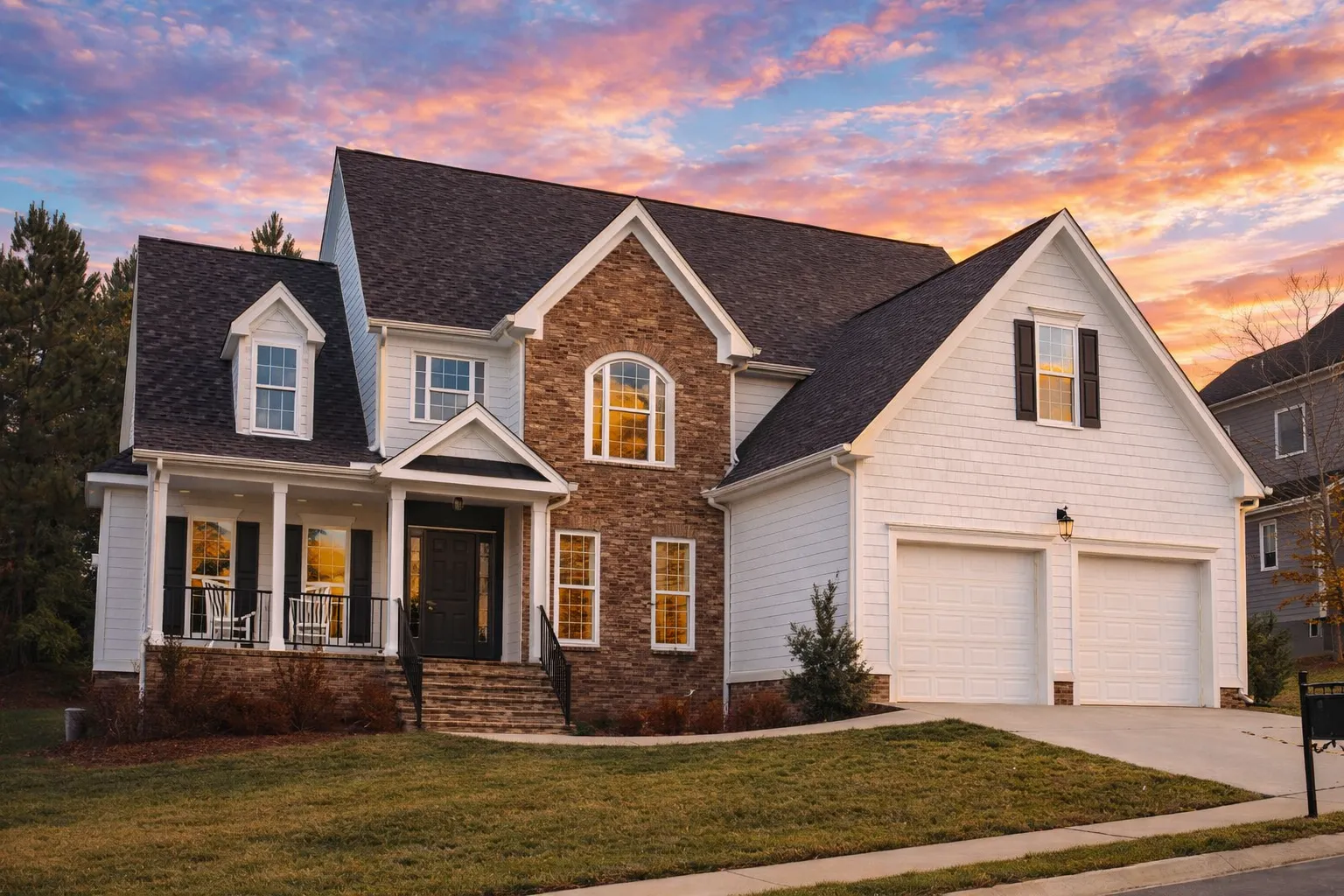 Front elevation of a New American style two-story house with stone facade, horizontal siding, covered front porch, and attached two-car garage
