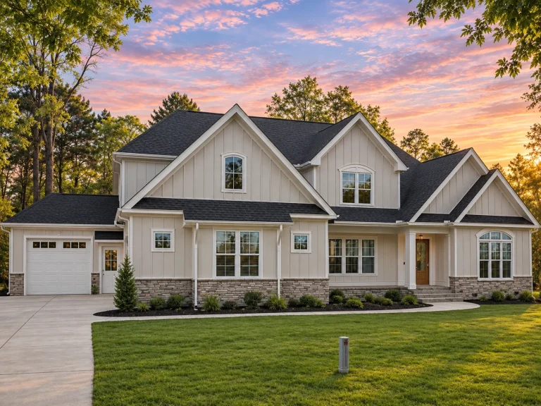 Tandem Garage Plans 8 Front elevation of a New American Craftsman style house featuring board and batten siding, stone accents, gabled rooflines, and a welcoming covered entry