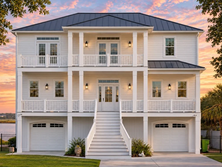 Front elevation of a Charleston Low Country style raised home featuring double stacked porches, lap siding, masonry base, and classic Southern symmetry