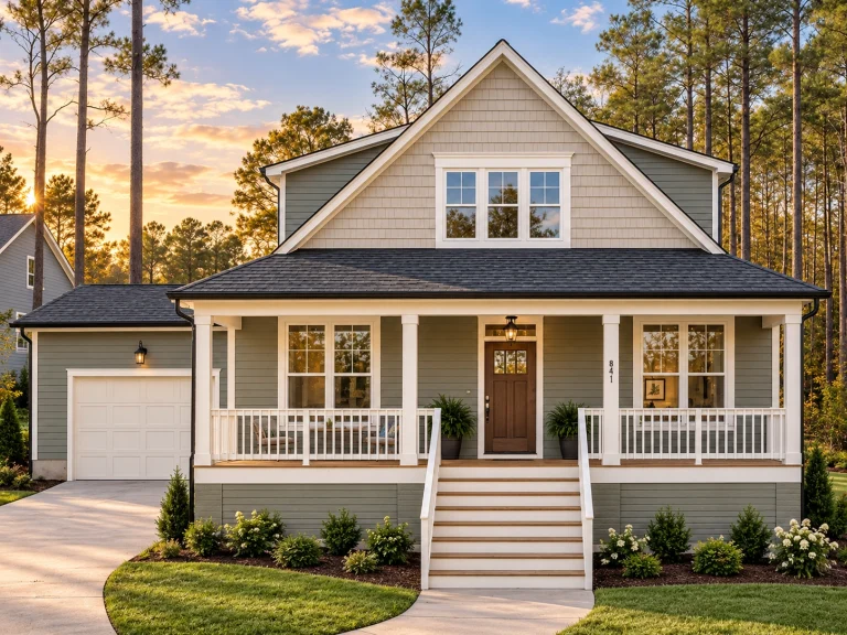 Transitional Ranch House Plans 15 Front elevation of a Southern Farmhouse style home with horizontal siding, covered porch, symmetrical windows, and attached garage