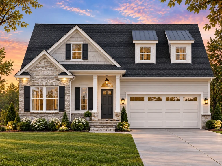 House Plans with Terrace 15 Front elevation of a Traditional Suburban style home featuring brick, horizontal siding, shake siding, and dual dormers over a two-car garage