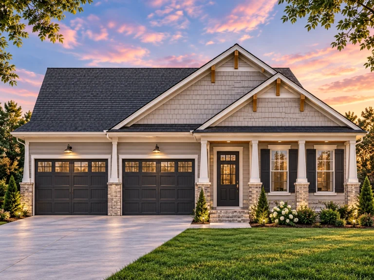 House Plans with Second Floor Laundry Room 1 Front view of a Traditional Ranch style home featuring gray horizontal lap siding, stone accents, and a two-car garage under a symmetrical gable roofline