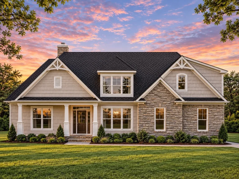 Front elevation of a Traditional Ranch style home with stone veneer, horizontal lap siding, symmetrical windows, and landscaped front yard
