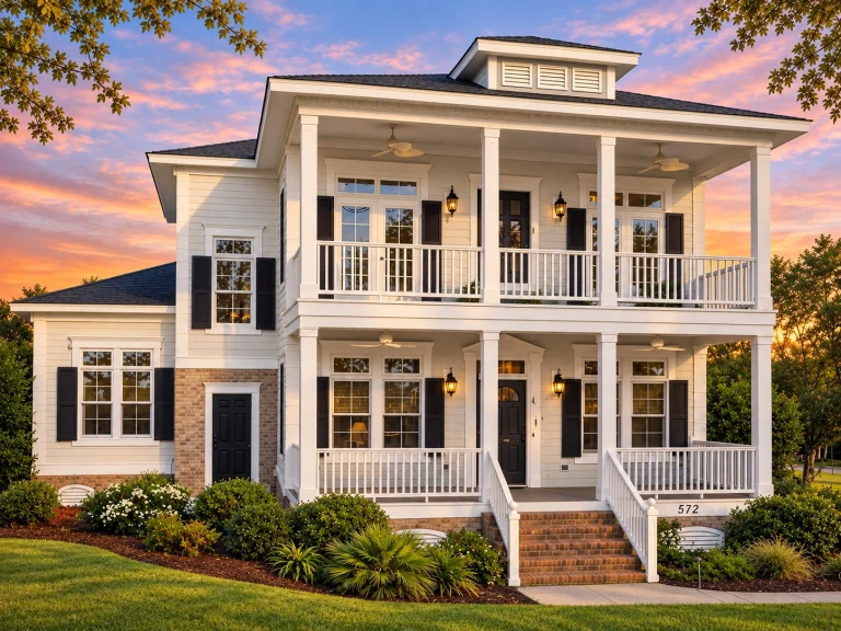 House Plans with Functional Layout 12 Front elevation of a Classical Southern Low Country style home with double stacked porches, brick raised foundation, horizontal siding, and symmetrical Colonial design