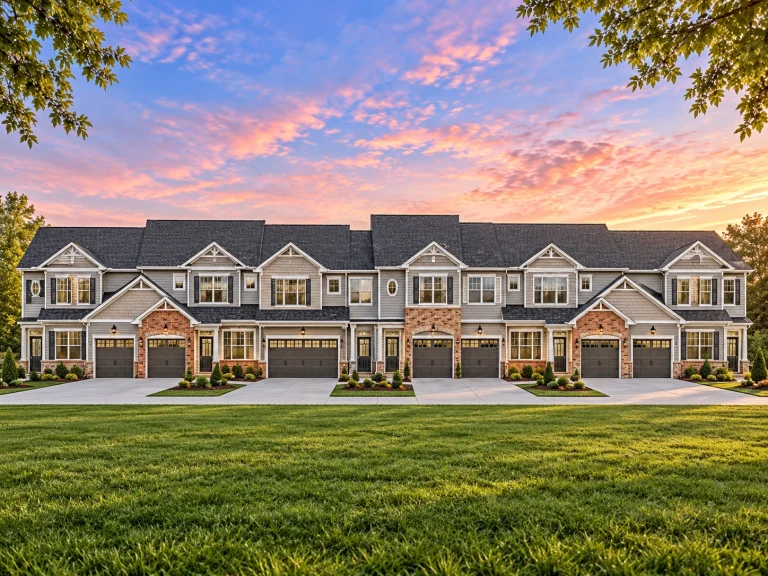Front elevation of a traditional townhome with brick and horizontal siding, symmetrical Neo-Colonial styling, and attached garages