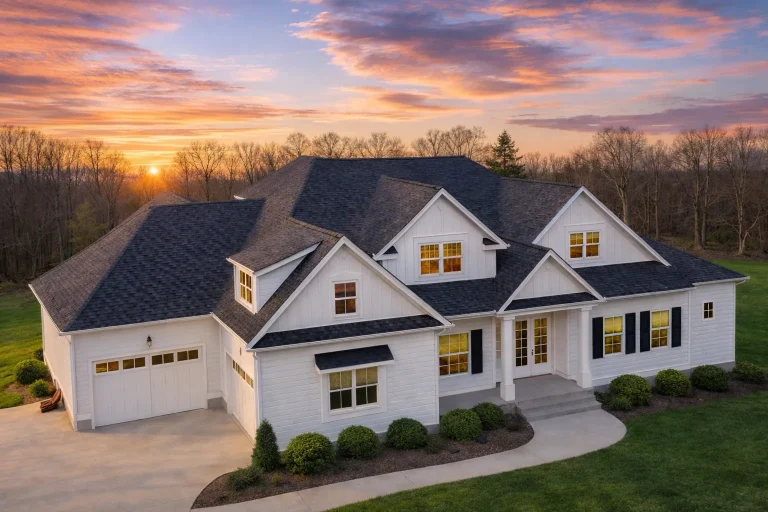 Front elevation of a New American farmhouse style home featuring board and batten siding, stone exterior accents, black shutters, and a welcoming covered porch