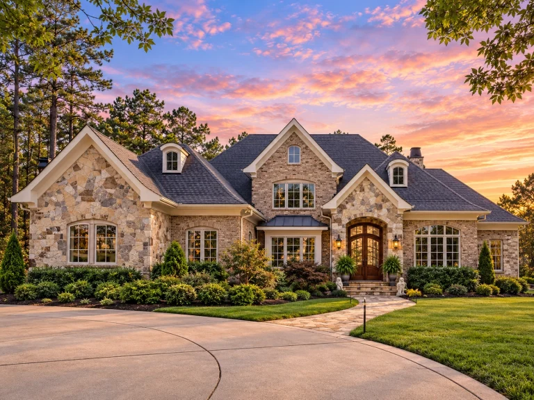 Front elevation of a French Country style home featuring mixed brick and stone exterior, steep rooflines, dormers, and arched architectural detailing