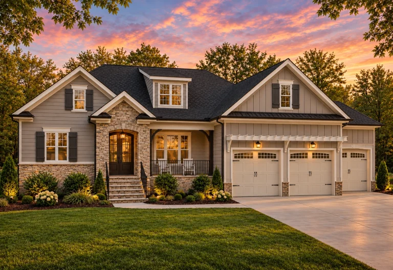 Front elevation of a modern farmhouse home with white board and batten siding, stone accents, gabled rooflines, and double garage at sunset