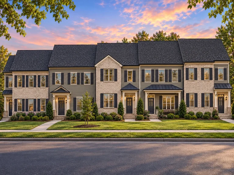 3 Bedroom House Plans 25 Front elevation of a Colonial and Traditional style townhome featuring symmetrical design, gable accents, and horizontal siding exterior under a dark shingle roof.